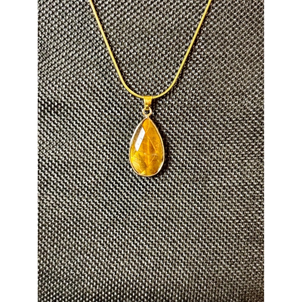 Tigers Eye Teardrop Pendant Necklace Gold Tone Snake Chain Stainless Steel